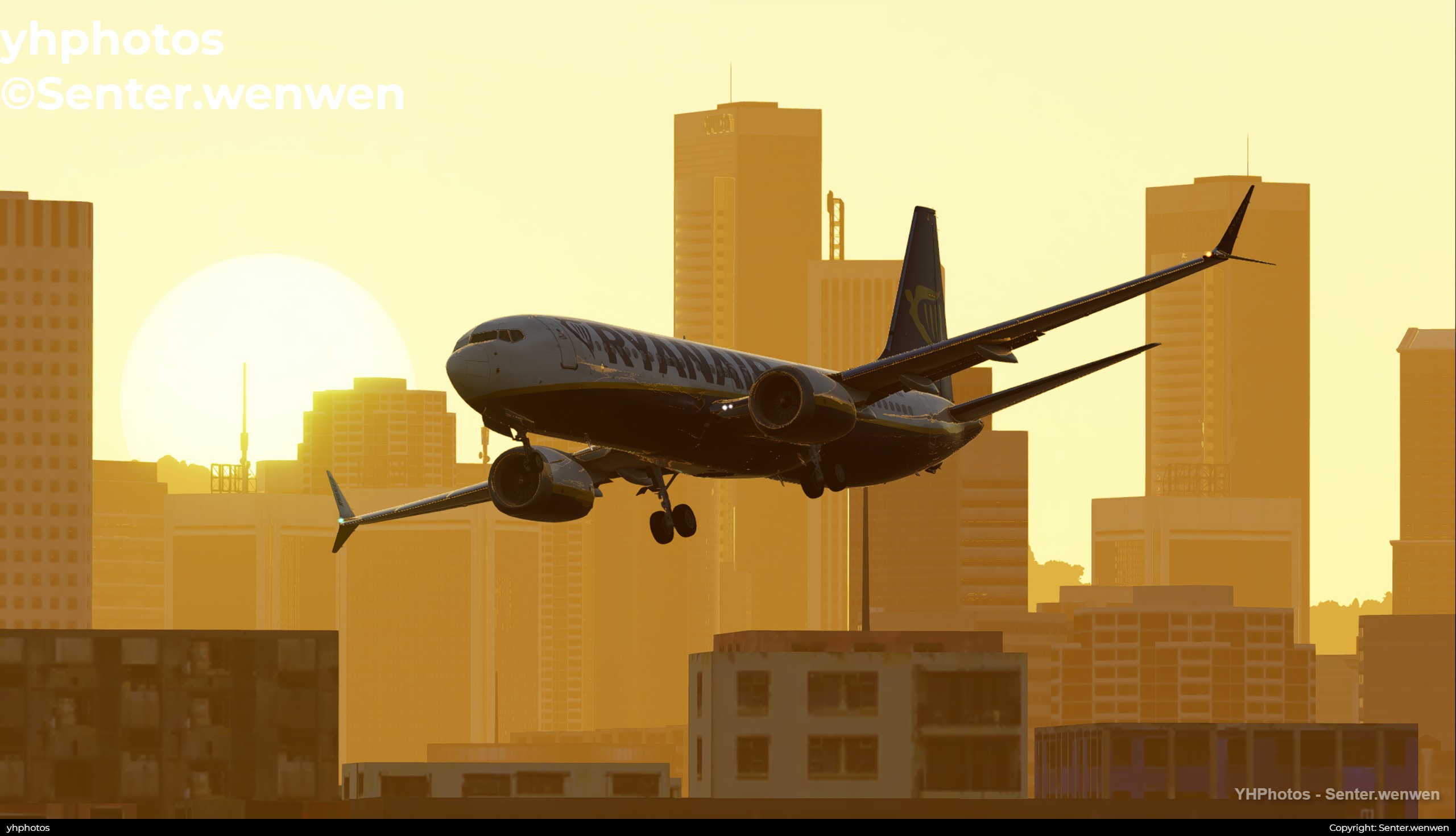 黄金光+夕阳同框，瑞安737MAX8软降香港启德